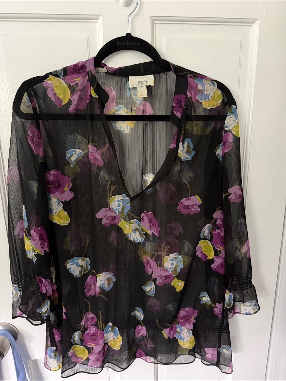 LOFT Black Sheer Floral V-Neck Blouse with Purple & Yellow Flowers